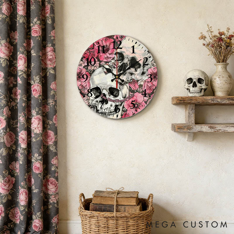 Personalized Floral Skull Couple Love Lives Beyond Time Wall Clock Custom Retro Gothic Style 3D Effect Wall Clock Anniversary Gift Valentines Day Gift