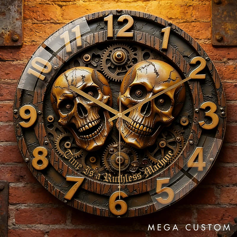 Personalized Skull Couple Time Is a Ruthless Machine Acrylic Wall Clock Custom Imitation Wood 3D Effect Wall Clock Anniversary Valentines Day Gift