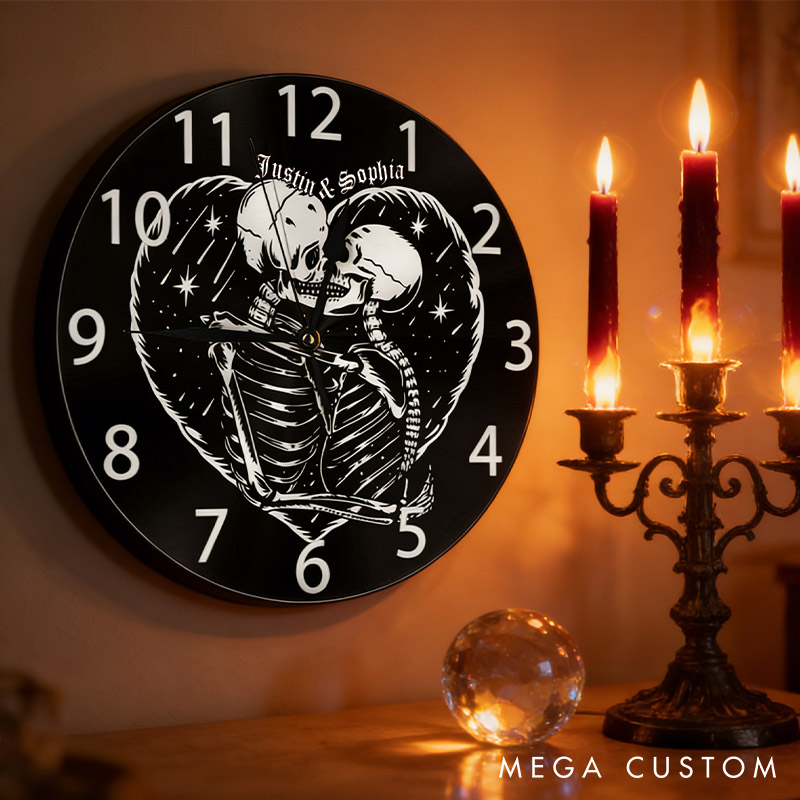 Personalized Skeleton Couple Embracing Wall Clock Custom Couple Till Death Do Us Part Wall Clock with Name Anniversary Valentines Day Gift for Him Her