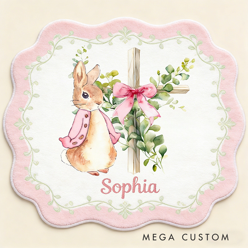 Personalize Floral Bow Cross Rabbit Rug with Custom Name Home Decor Religious Rug Faith Based Gift Easter Gift Christian Gift for Kids