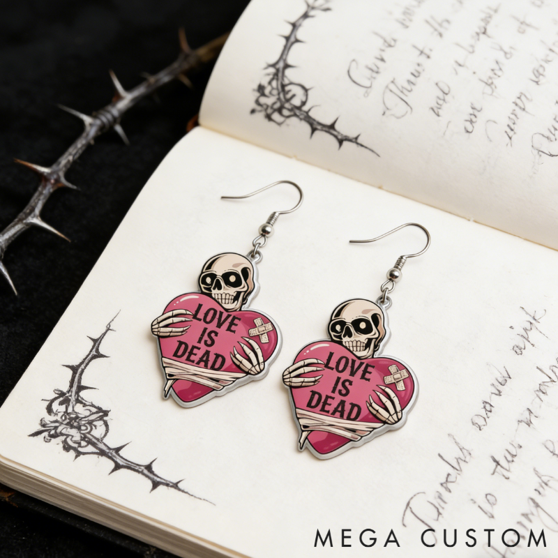 Personalized Acrylic Skull Heart Statement Earrings Dark Sweet Goth Style with "LOVE IS DEAD" for Edgy Fashion Fans
