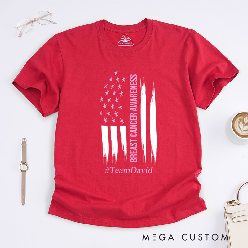 Personalized Breast Cancer Awareness American Flag Pink Ribbon Support Advocacy T-Shirt  