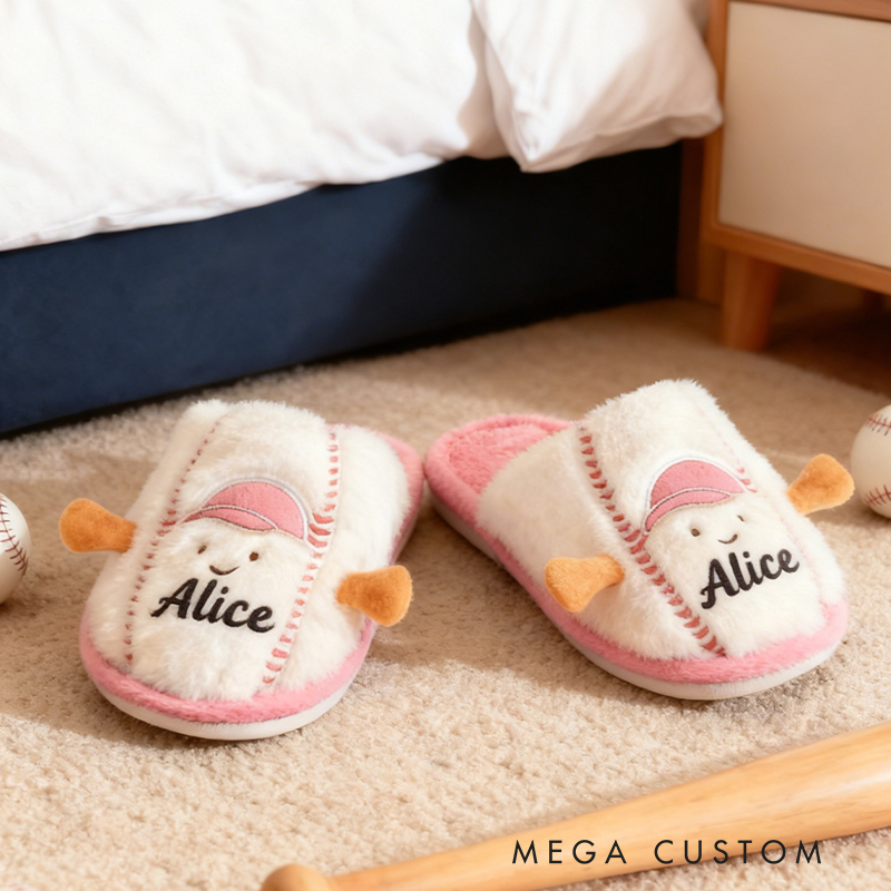 Personalized Custom Name Baseball Plush Slippers - Personalized Kids' Indoor Shoes with Smile Face Design
