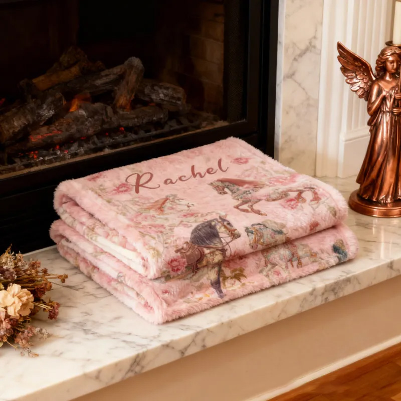 Personalized Riding Floral Blanket Equestrian Horse Custom Name Festive Flower Decor with French Countryside Gifts Family Blanket for Riding Lovers Equestrian Lovers