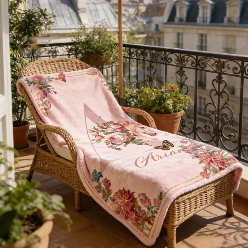 Personalized Initials Letter Riding Floral Blanket Floral Horse Custom Name Festive Flower Decor with French Countryside Gifts Family Blanket for Riding Lovers Equestrian Lovers