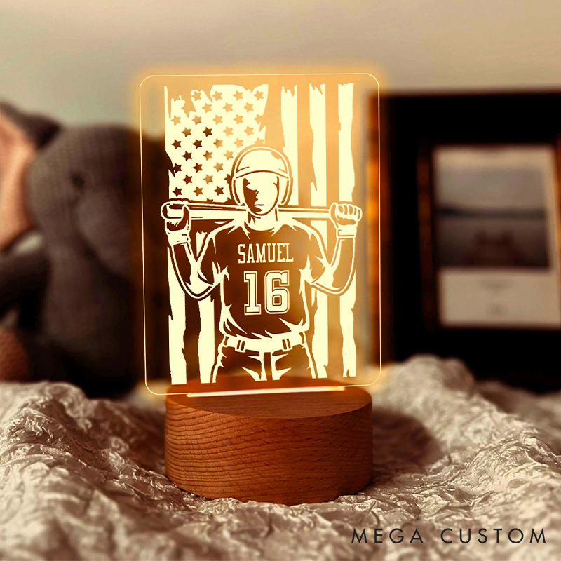 Personalized Baseball LED Night Light with Custom Player Name and Number for Player Gift