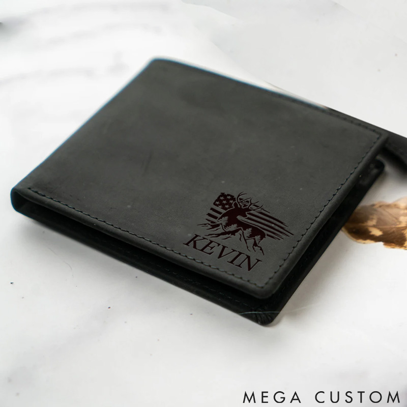 Personalized Deer And Flag Camping Wilderness Adventure Leather Wallet Gift Nature Hiking Lovers