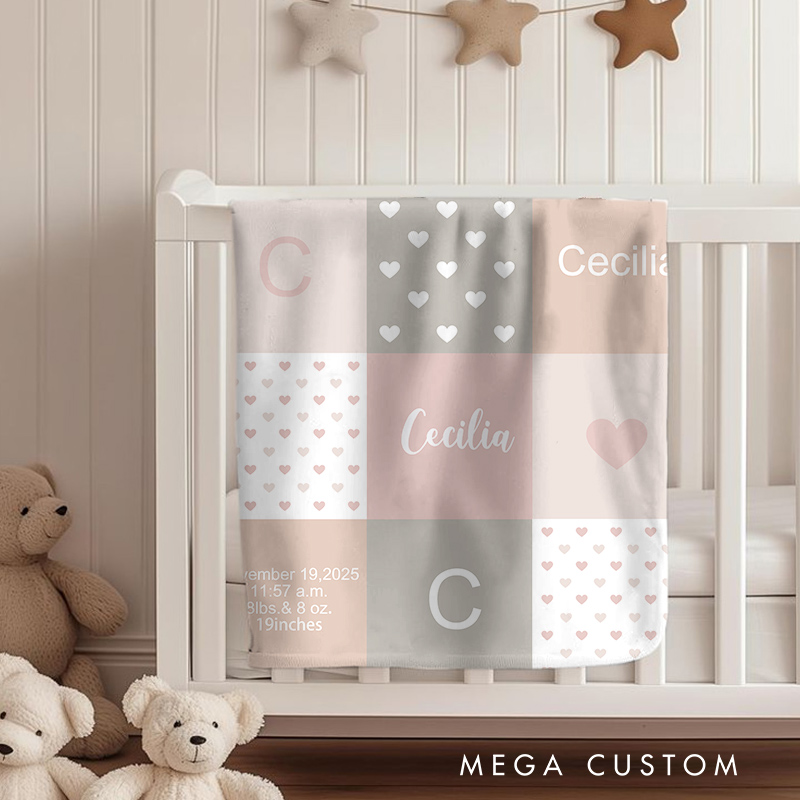 Personalized Baby Name Blanket - Soft Pastel Patchwork Design with Birth Details Baby  Keepsake