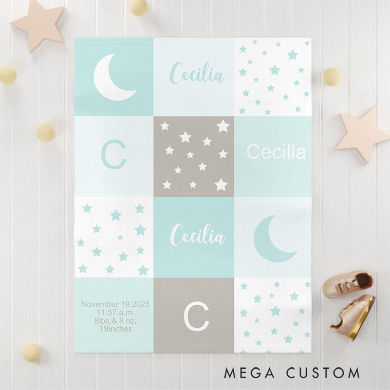 Personalized Baby Name Blanket - Soft Pastel Patchwork Design With Birth Details Moon And Stars Pattern Baby Keepsake
