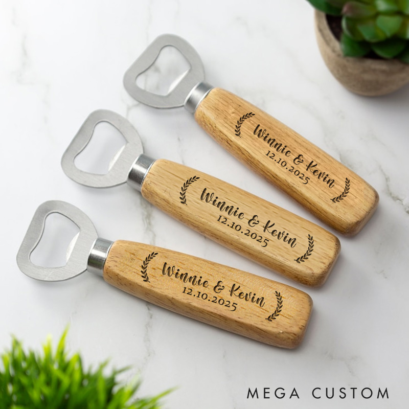Personalized Engraved Names Laurel Wreath Wood Bottle Opener