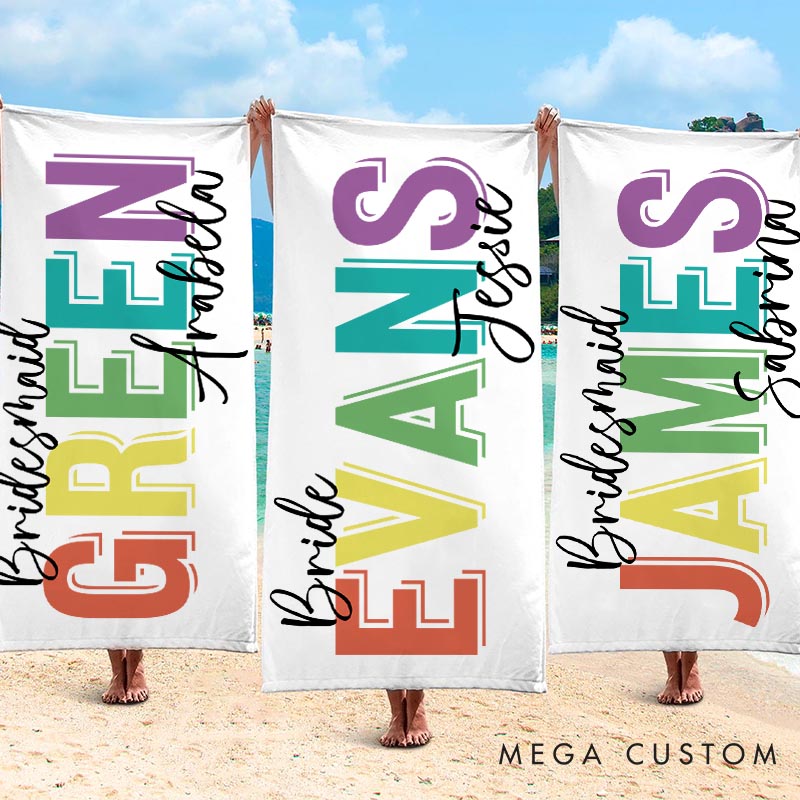 Personalized Bridesmaid Colorful Beach Towel Bride Name Beach Towel Bachelorette Party Gift