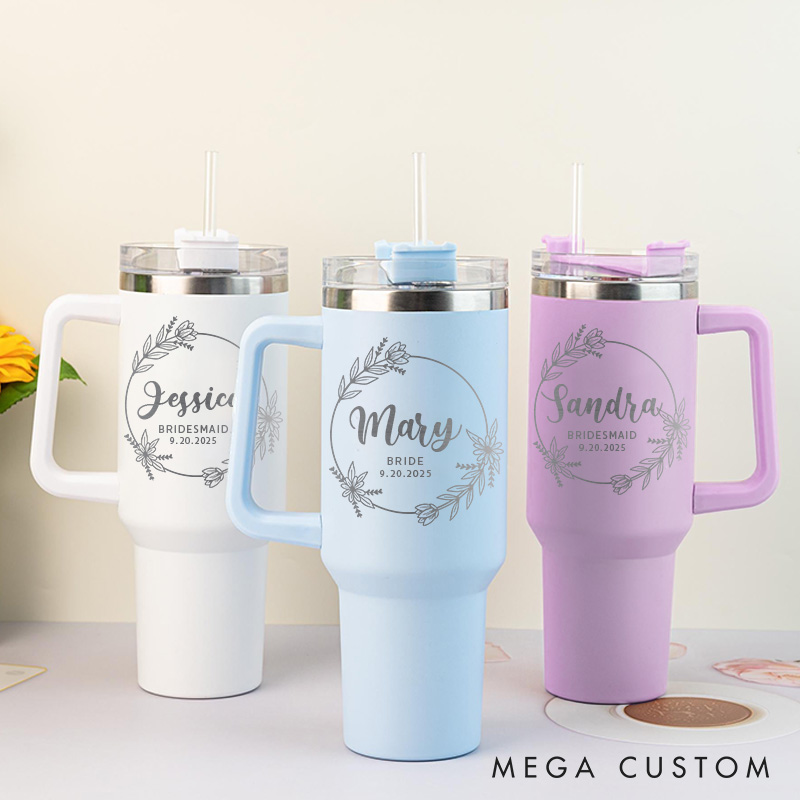 Personalized Bridesmaid Floral Wreath Tumbler with Handle 40oz Bride Tumbler with Lid and Straw