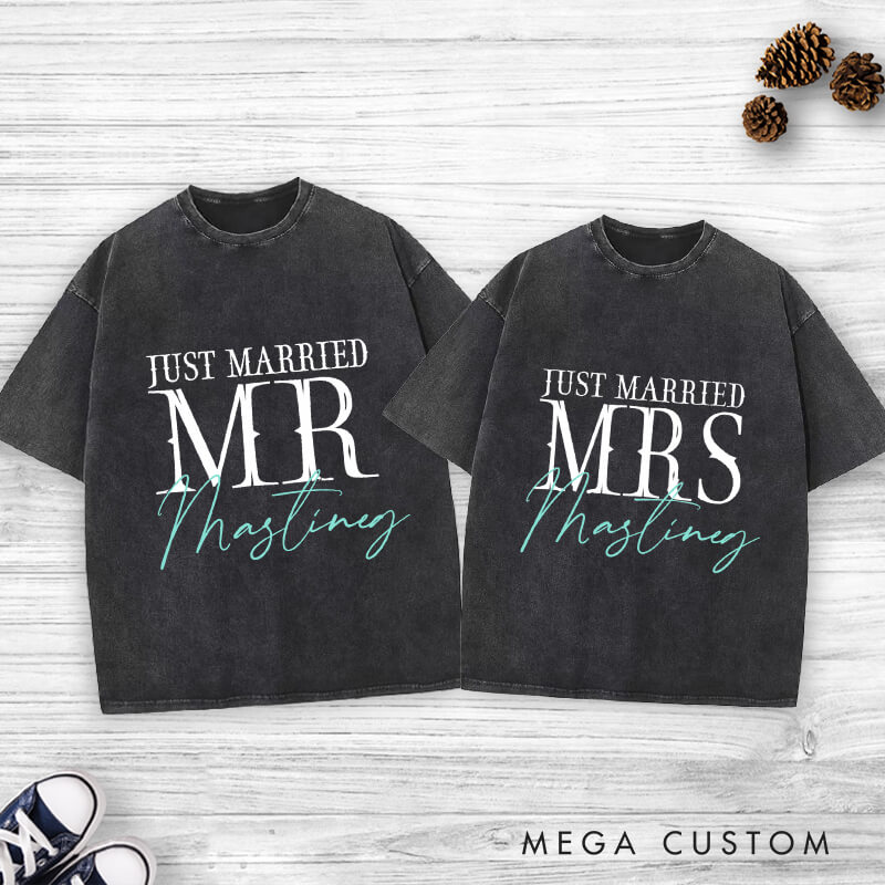 Personalized Modern Just Married Mr and Mrs Matching Wedding Couple Washed T-Shirt