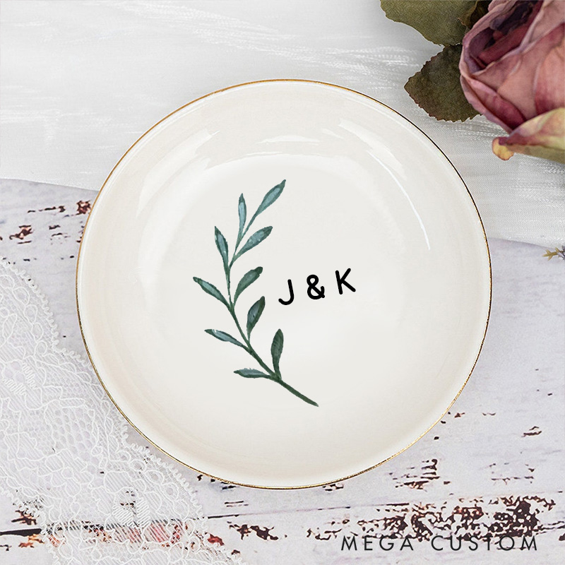Personalized Watercolor Olive Branch with Initials Wedding Engagement Gold-Trimmed Ring Dishes