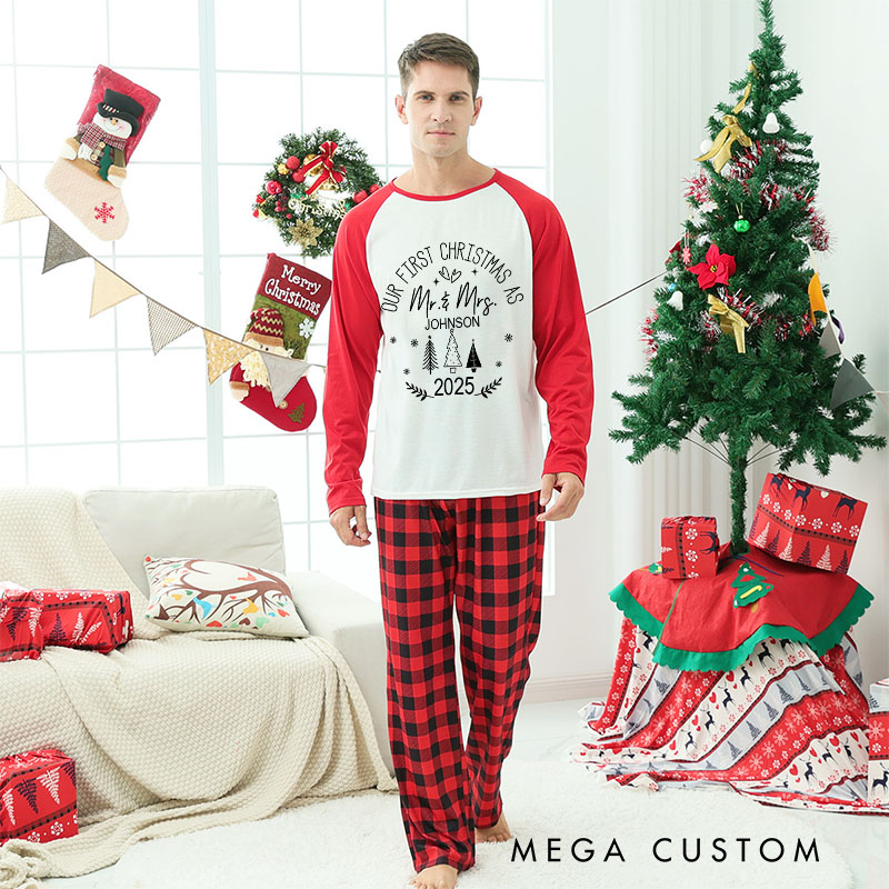 Personalized Couple Our First Christmas as Mr. and Mrs. with Christmas Tree Matching Pajamas Christmas Pjs for Husband Wife Boyfriend Girlfriend