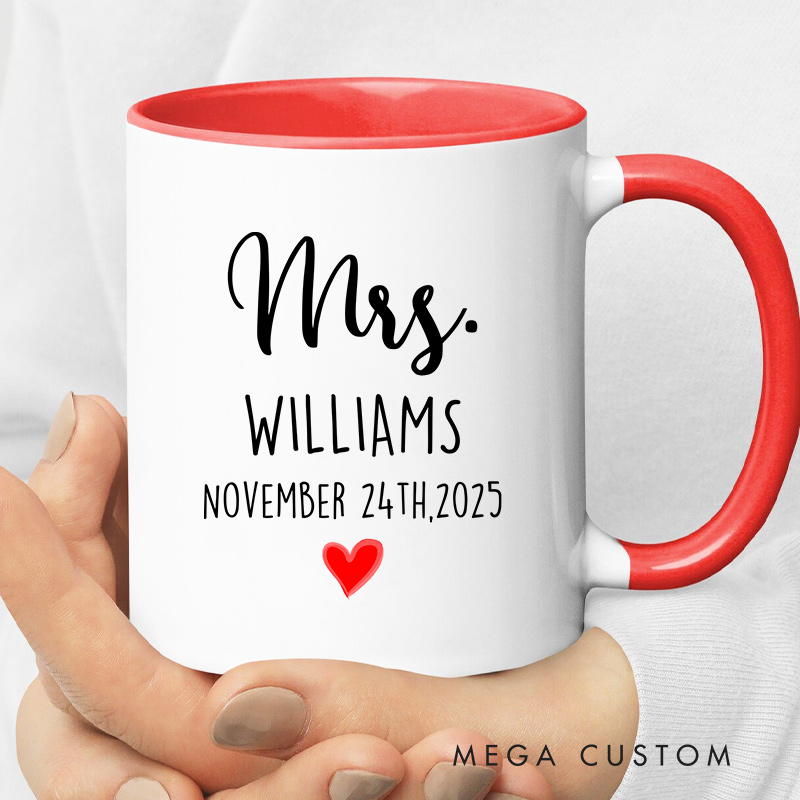 Personalized Mr & Mrs Wedding Date Mug with Heart Accent Couple Coffee Cup for Her Him Ceramic Cup for Couple Newlyweds