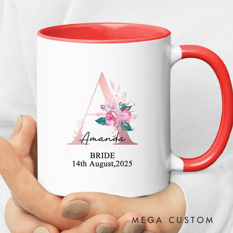 Personalized Floral Initial Wedding Mug Groom Bride Ceramic Coffee Cup for Husband Wife Wedding Couple Mug for Newlyweds