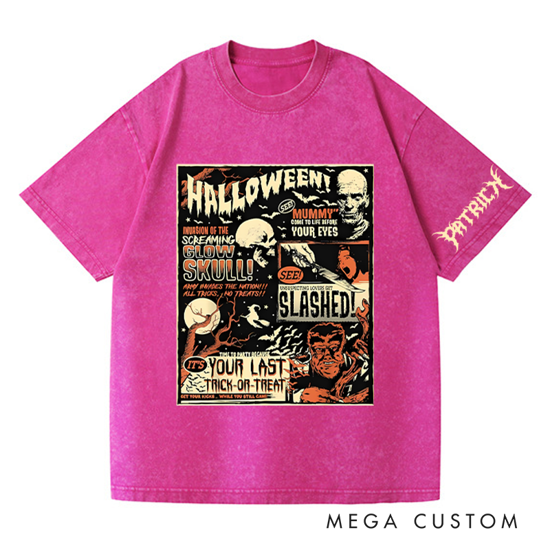 Personalized Halloween Poster Washed T-Shirts Horror Skeleton Tshirt for Movie Lovers