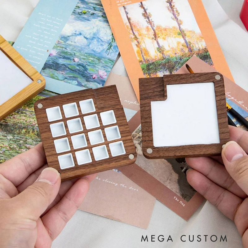 Personalized Initial Wooden 15 Grid Mini Magnetic Watercolor Paint Palette with Name and Clip Portable Painting Supplies Gift for Painter Artist