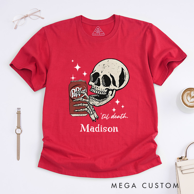 Personalized Skull and Drink Halloween T-Shirt Perfect for Adding a Playful and Spooky Vibe to Outfits T-Shirt