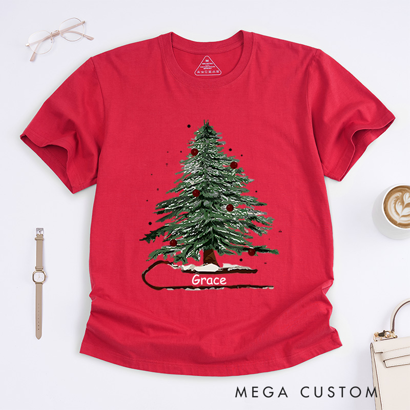Personalized Festive Christmas Tree with Red Ornaments Christmas T-Shirt