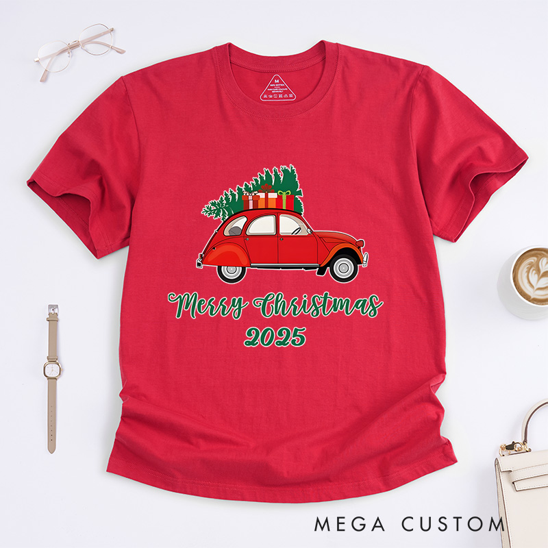 Personalized Red Car Carrying Christmas Tree with Merry Christmas Text Christmas T-Shirt