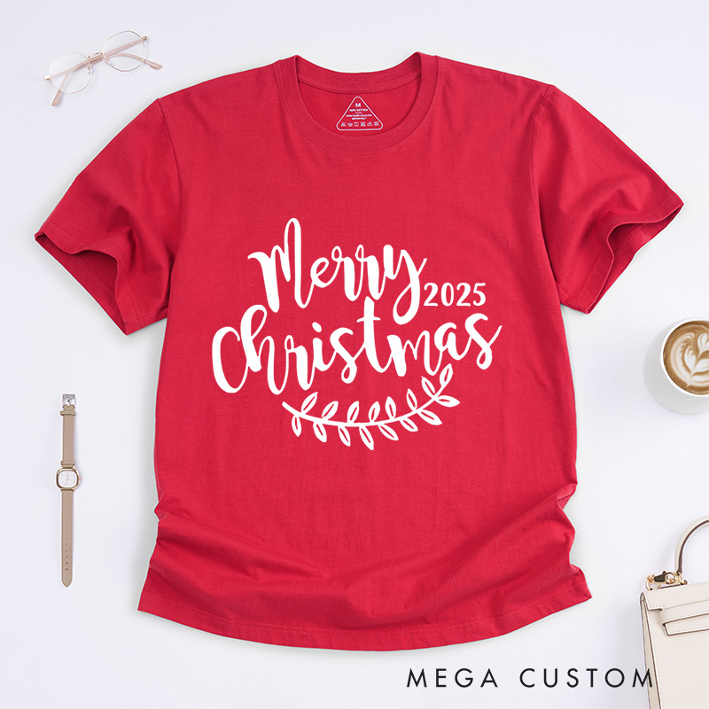 Personalized Merry Christmas Leaf Accent Christmas T-Shirt