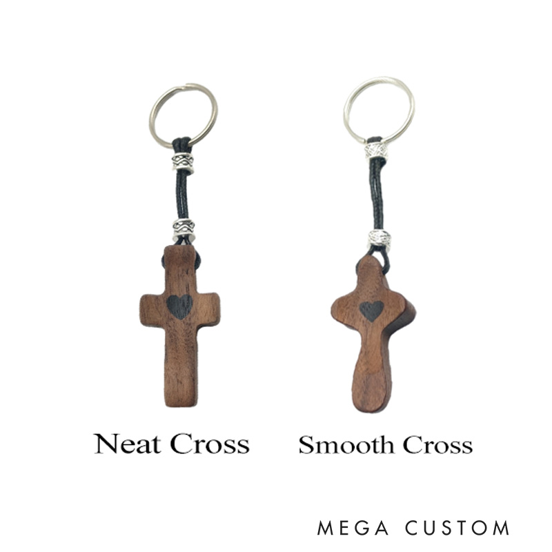 Personalized Wooden Cross Heart Keychain with Initial and Name Engraving Religious Gift Birthday Gift for Christians