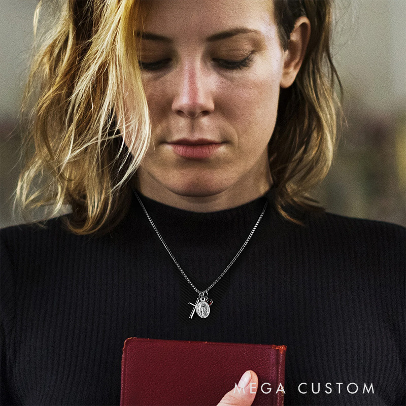 Personalized Virgin Mary Cross Necklace with Birthstone Dainty Jewelry Birthday Gift Religious Gift for Christian Women 