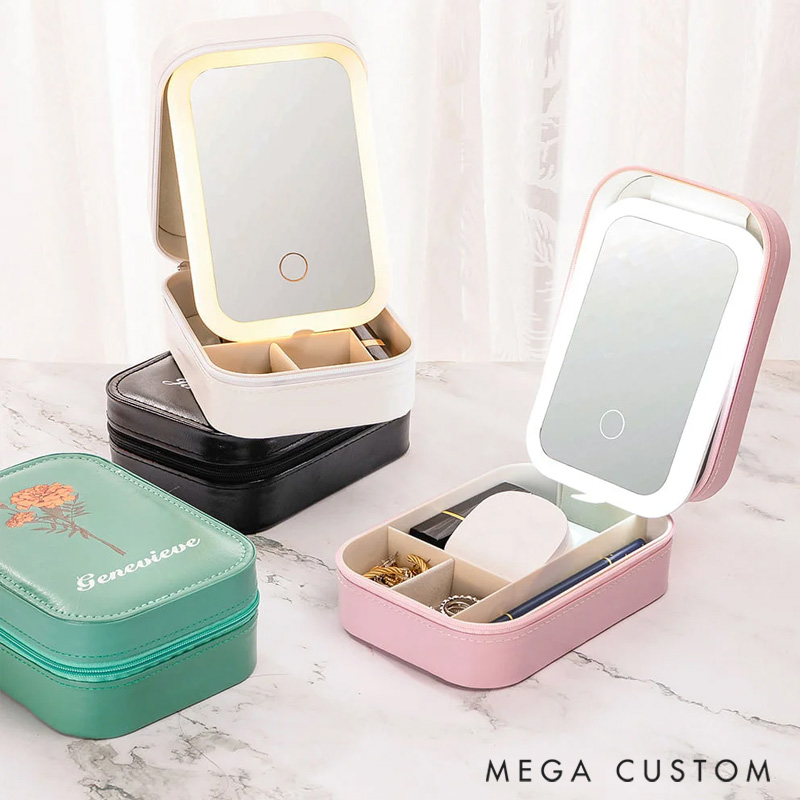 Personalized Portable Leather Travel Jewelry Box with  Birth Flower Name and LED Makeup Mirror Birthday Gift for Women