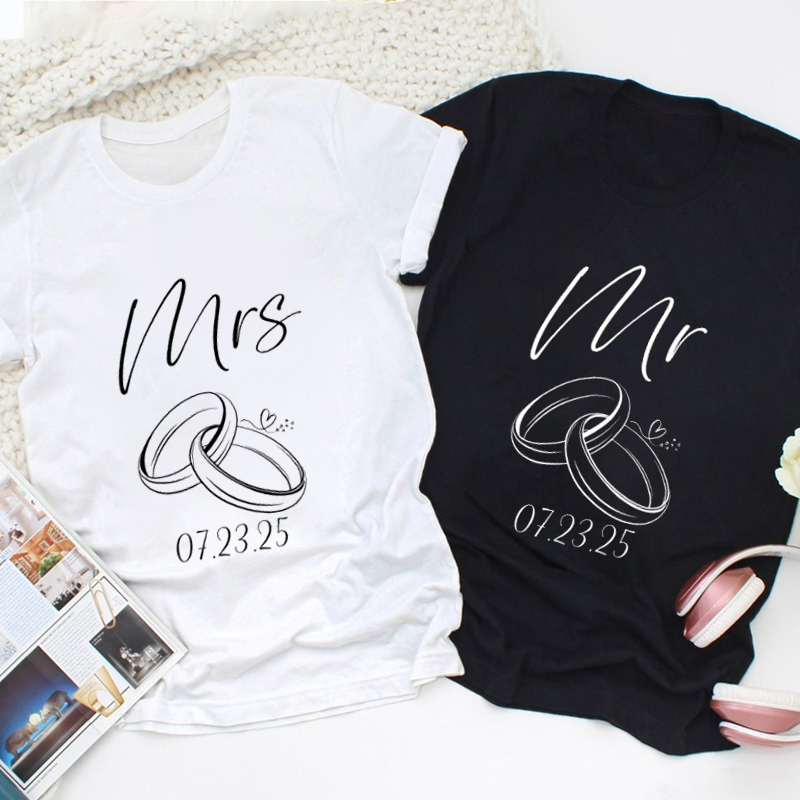 Personalized Minimalist Mr and Mrs with Rings and Heart Wedding Couple Classic T-Shirt