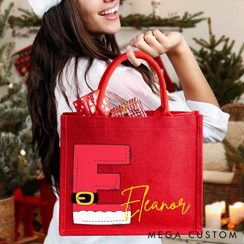 Personalized Red Hemp Gift Tote Bag Traveling Santa Reusable with Initials Printed Exclusively for Christmas Parties