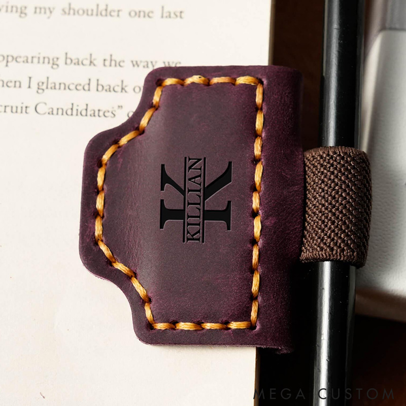 Personalized Leather Magnetic Bookmark with Pen Clip Engraved Magnet Book Clip Design with Name or Initials Handmade Reader Gift
