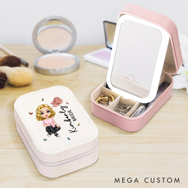 Personalized Cartoon Character Birth Flower Leather Jewelry Box with LED Three-color Makeup Mirror Travel Essential Birthday Gift for Women