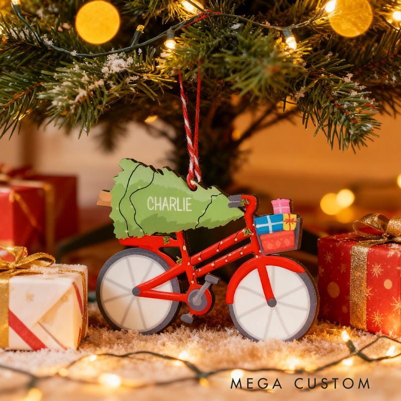 Personalized Festive Bicycle Decoration Bicycle Flat 2D Acrylic Christmas Ornament Tree Hanging Decor Cycling Ornament Gift for Cyclists and Bike Lovers