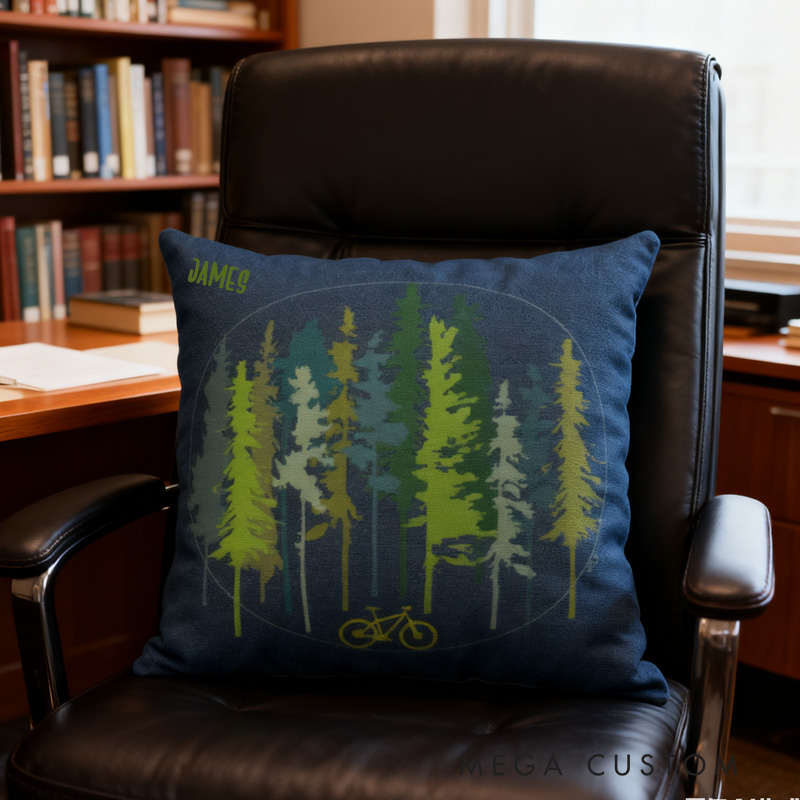 Personalized Pillow for Cycling Lovers Cushion Cover Mountain Bike Forest Stunted Fir Trees