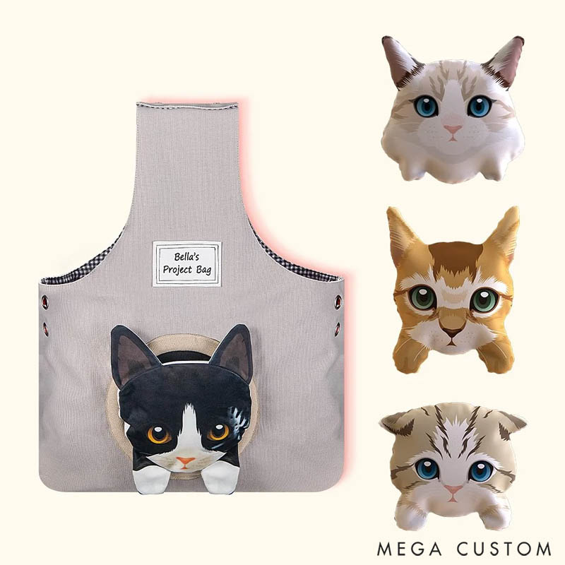 Personalized Canvas Crochet Woolen Organizer Storage Bag with Detachable Cute Cat Pocket Gift for Knitting Lover