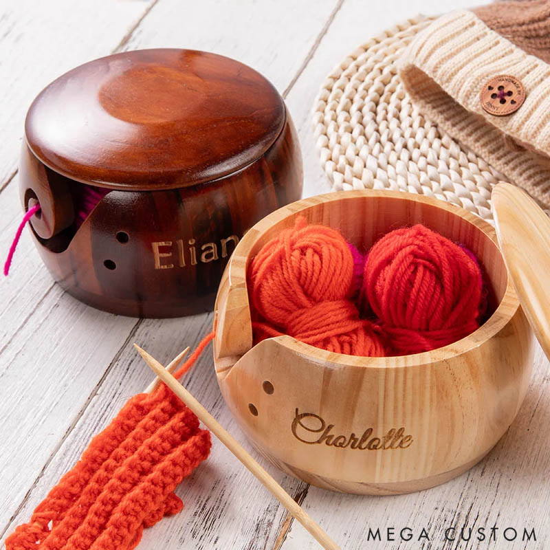 Personalized Handmade Wooden Crochet Knitting Yarn Bowl with Lid and Engraved Name Gift for Mom Grandma Craft Lovers