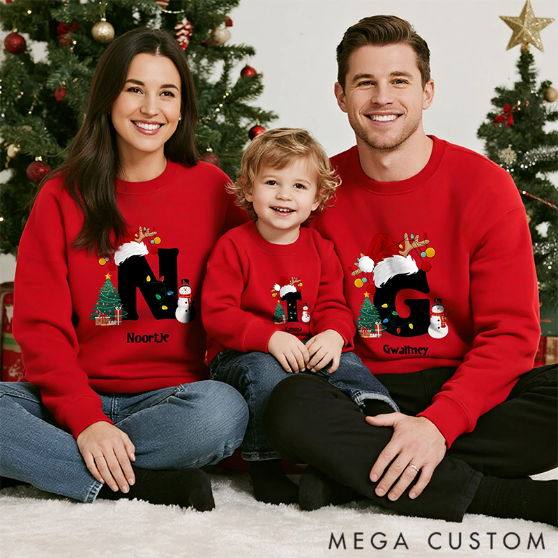 Personalized Christmas Trees Snowmen Multicolor Sweatshirt Hoodie with Initial and Name Christmas Gift for Family 