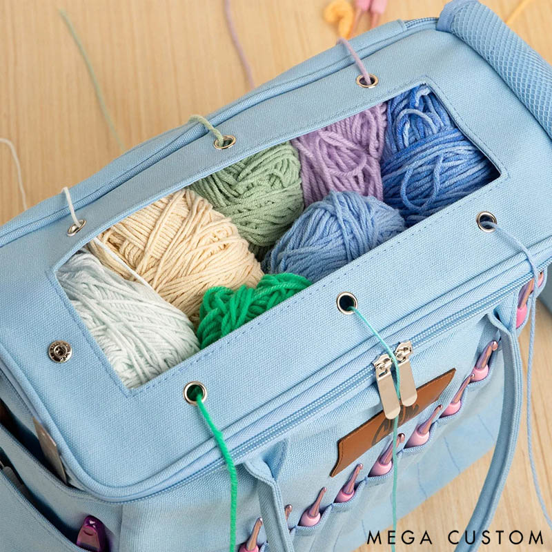 Personalized Monogram Large Canvas Yarn Storage Bag with Needle Pockets and Handle Crochet Knitting Accessories Birthday Gift for Craft Lovers