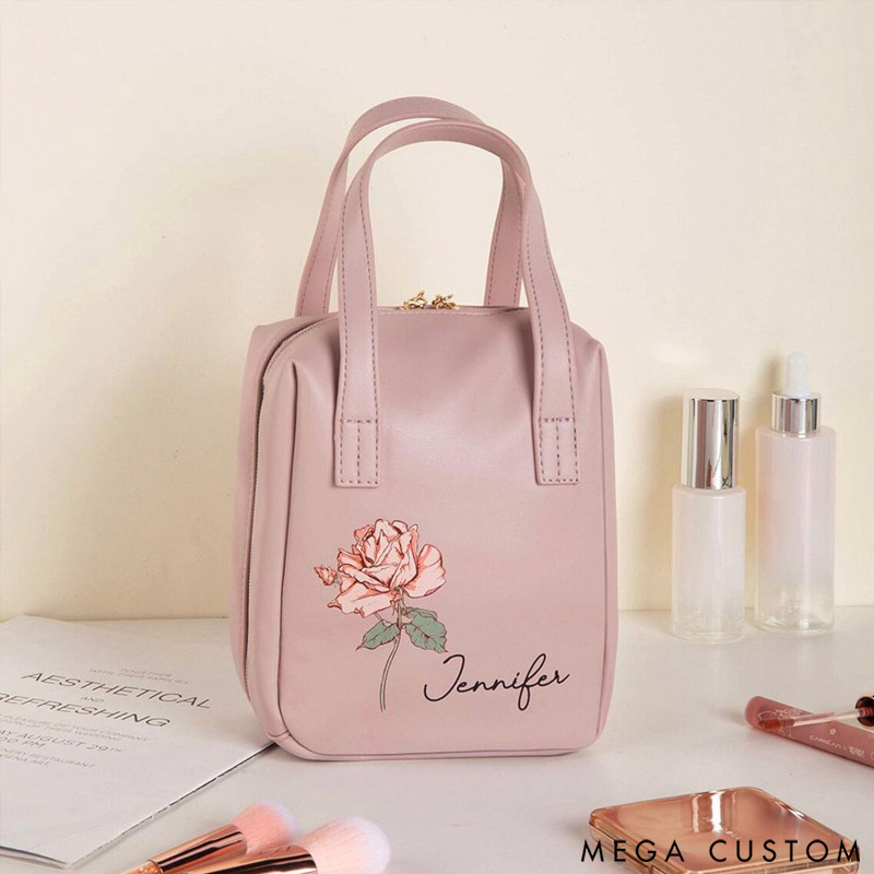 Personalized Birth Flower Name Portable PU Leather Makeup Bag with Handle and Multiple Compartments Travel Accessories Birthday Gift for Women Girls