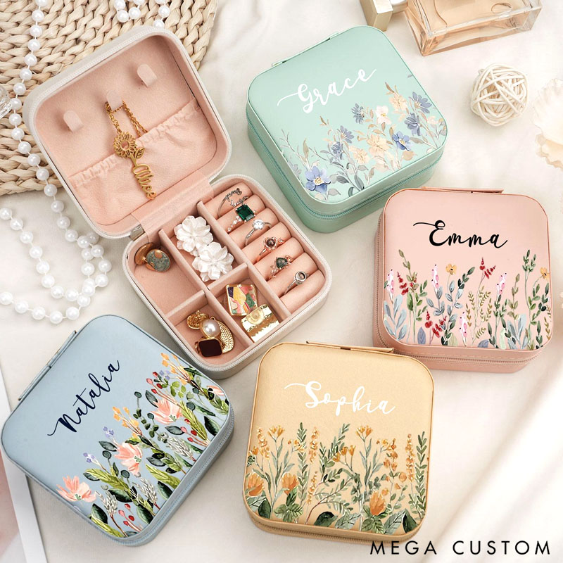 Personalized Leather Jewelry Travel Case with Name Gift for Her