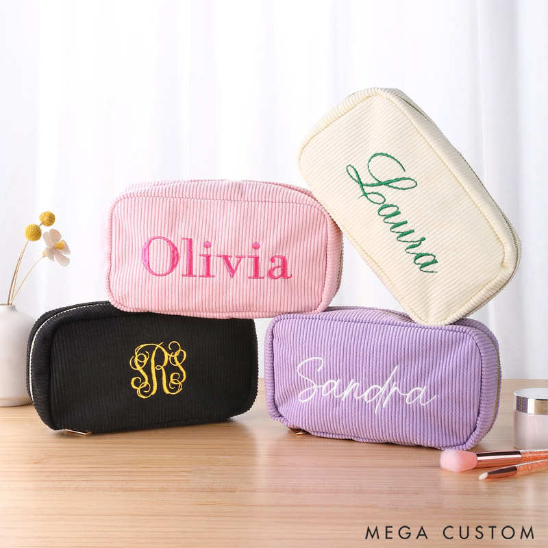 Personalized Multicolor Corduroy Travel Makeup Toiletry Bag with Embroidered Name Daily Use Gift for Women