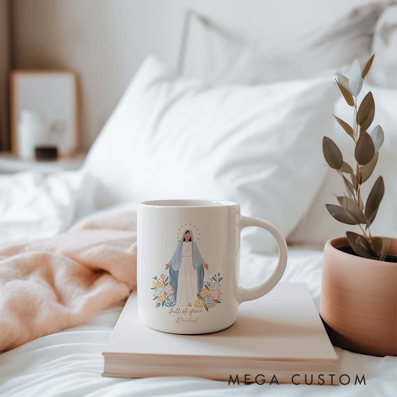 Personalized Full of Grace Virgin Mary Ceramic Mug with Floral Accents Catholic Religious Gift Birthday Gift for Women and Girls 