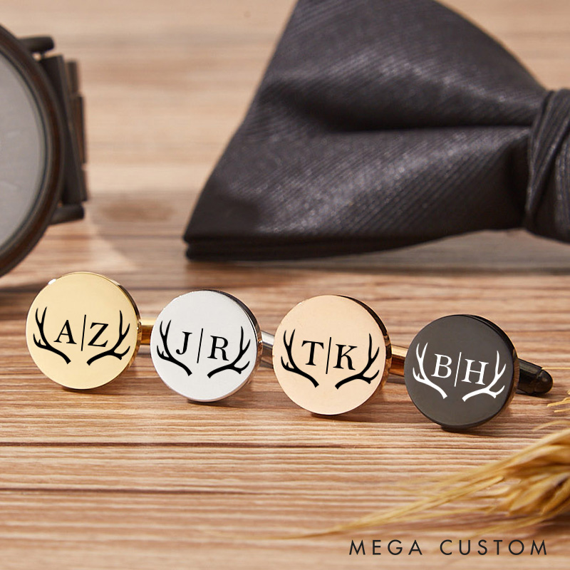 Personalized Groomsmen Cufflink Box Set Wooden Cufflink Box with Cufflinks Rustic Antler Design Cufflinks Wedding Party Gift for Groom Best Man