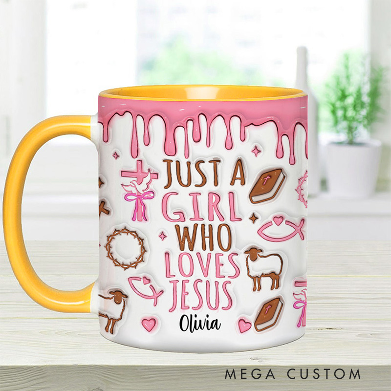 Personalized Just a Girl who Loves Jesus Ceramic Mug with Name Religious Inspirational Gift Birthday Gift for Girls