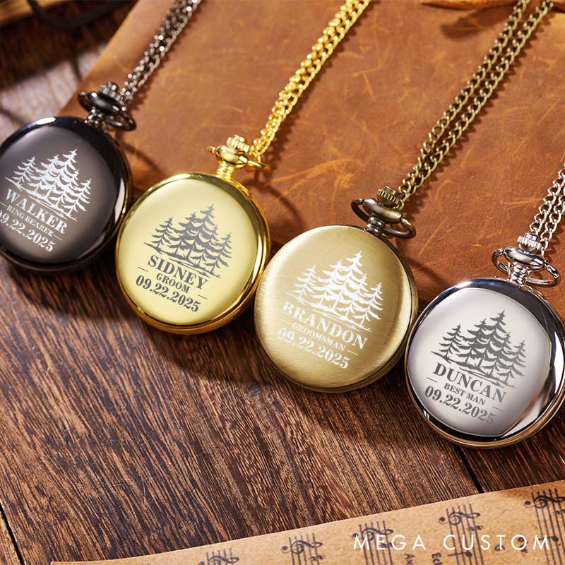 1.Personalized Groomsmen Pocket Watch Forest Wedding Party Pocket Watch Best Man Pocket Watch Unique Custom Bachelor Gift with Chain