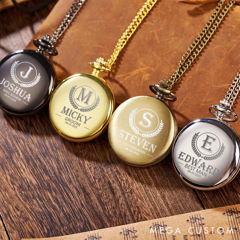 Personalized Groomsmen Gift Pocket Watch Custom Engraved Laurel Pocket Watch Wedding Pocket Watch for Best Man