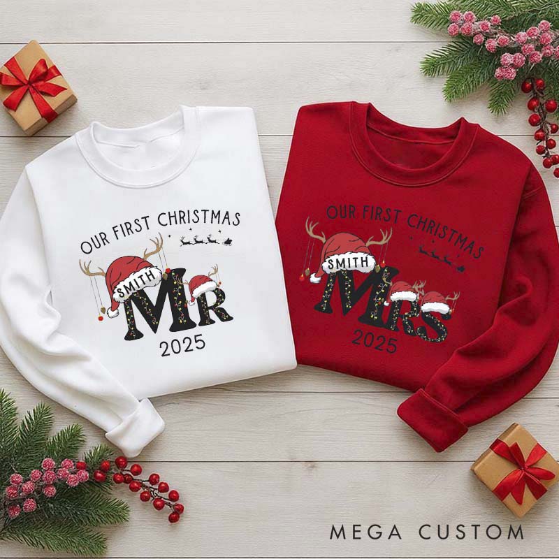 Personalized First Christmas as Mr and Mrs Crewneck for Newlywed Couple Snowman Design Christmas Sweatshirt Couple Holiday Matching Outfit