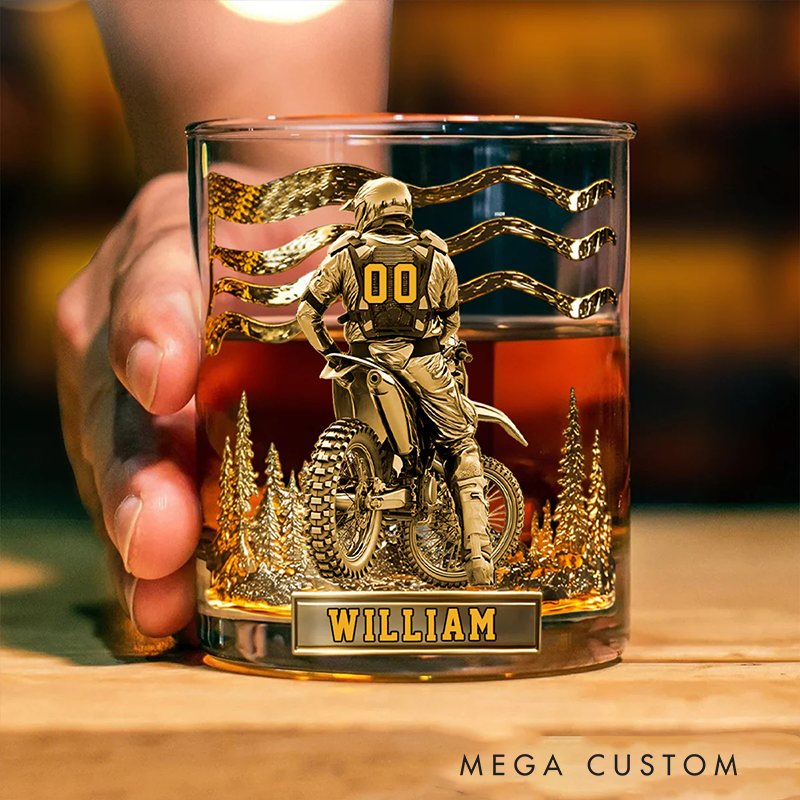 Personalized Motocross Racer Whiskey Glass Custom Name Design Rock Tumbler Gift for Motocross Racers and Motorcycle Lovers